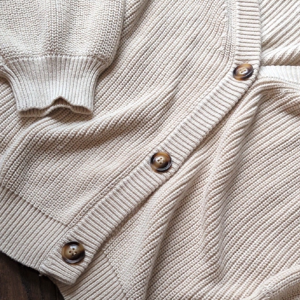 MABLE I Cream Off Shoulder Self-Tie Strap Button Down Cardigan Sweater, L - Picture 7 of 14